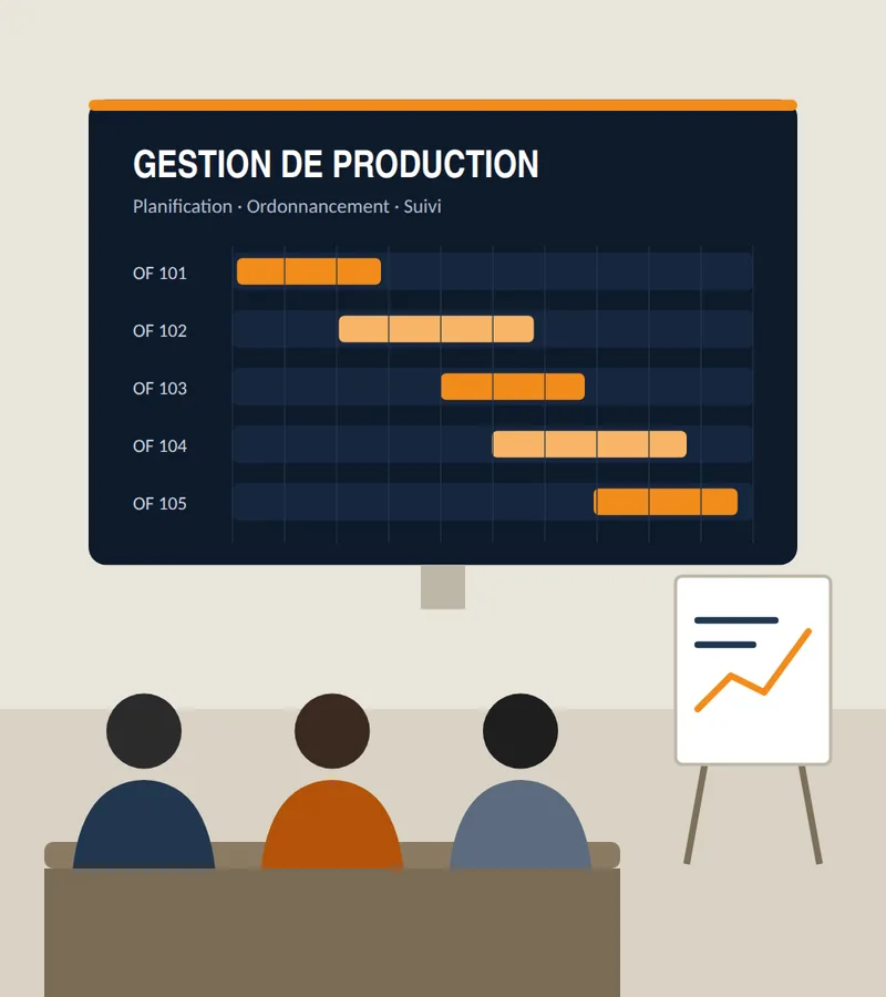 Illustration : formation en gestion de production devant un planning de fabrication