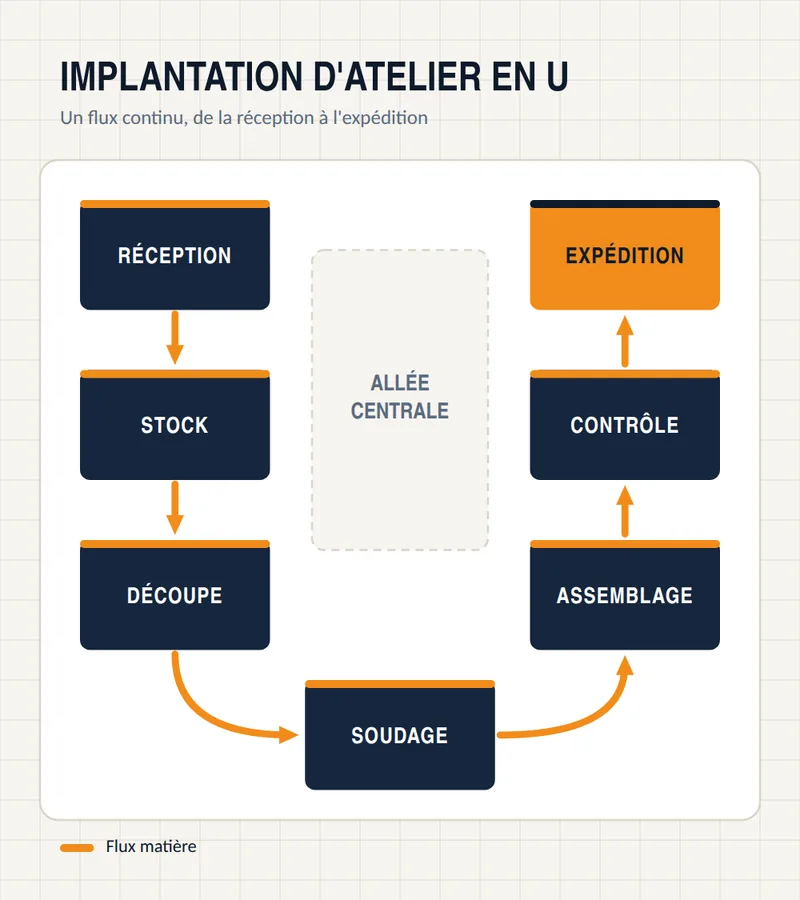 Illustration : atelier en U, de la réception à l'expédition via stock, découpe, soudage, assemblage et contrôle