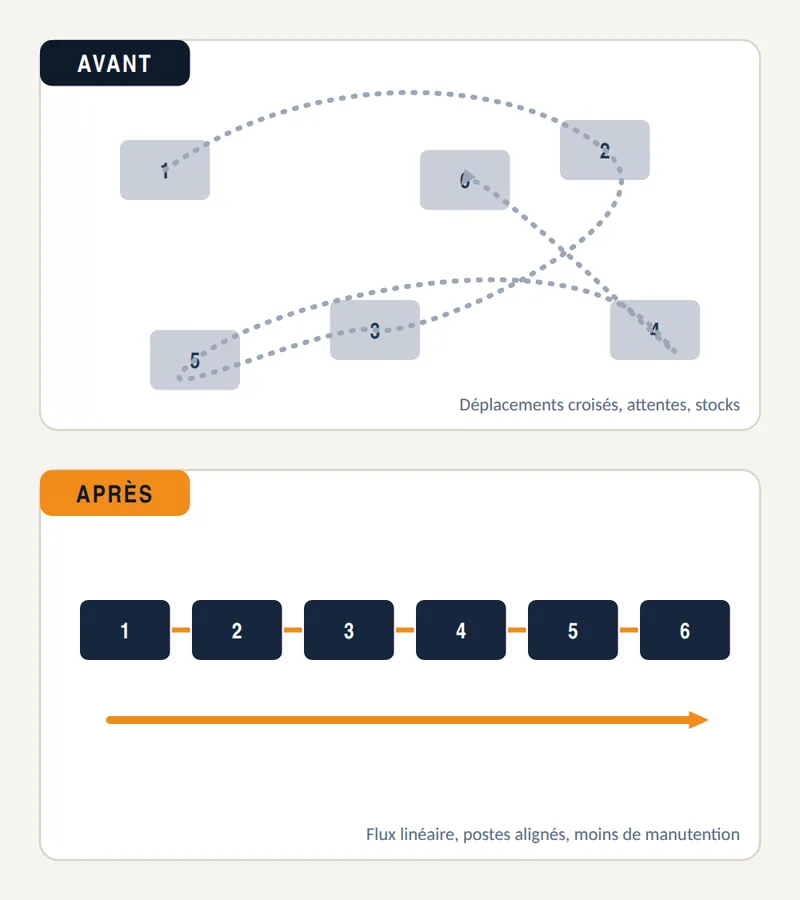 Illustration : atelier avant réorganisation avec trajets croisés, puis après avec six postes alignés sur un flux linéaire