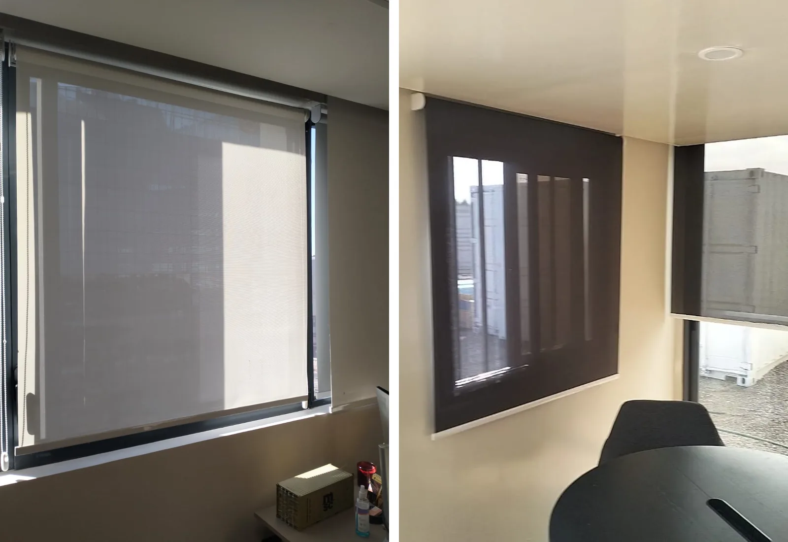 Stores enrouleurs screen sur mesure posés par SLOTIM dans un bureau et dans un bâtiment modulaire